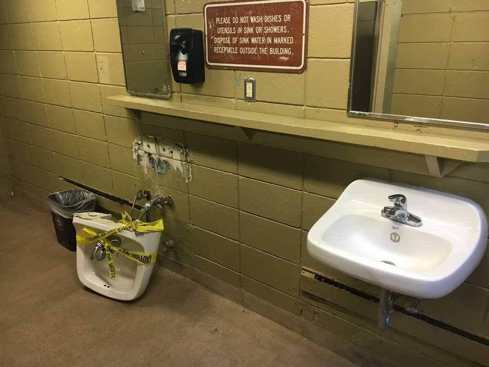 Damaged Sink in Newport News Park Campground Bathhouse
