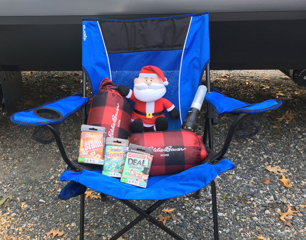 RV Camper Holiday Wish List Santa With Presents in Camp Chair