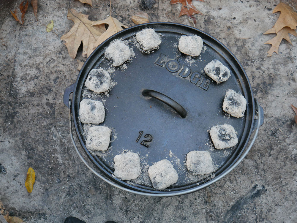 Peach Cherry Dutch Oven Cobbler Coals on Lid