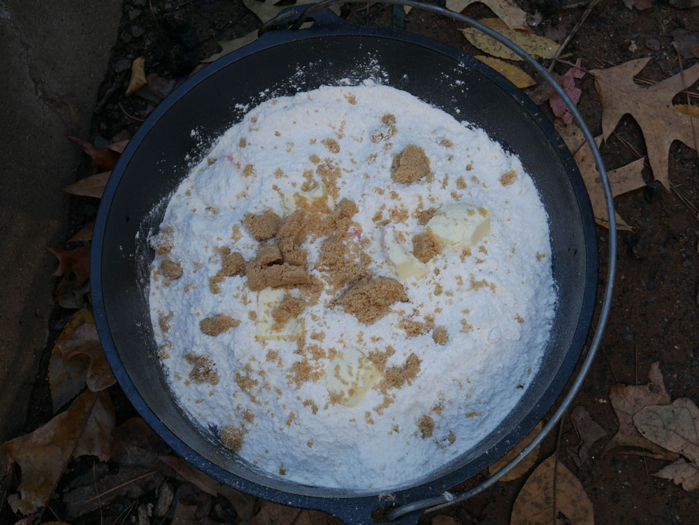 Peach Cherry Dutch Oven Cobbler Ingredients Mixed