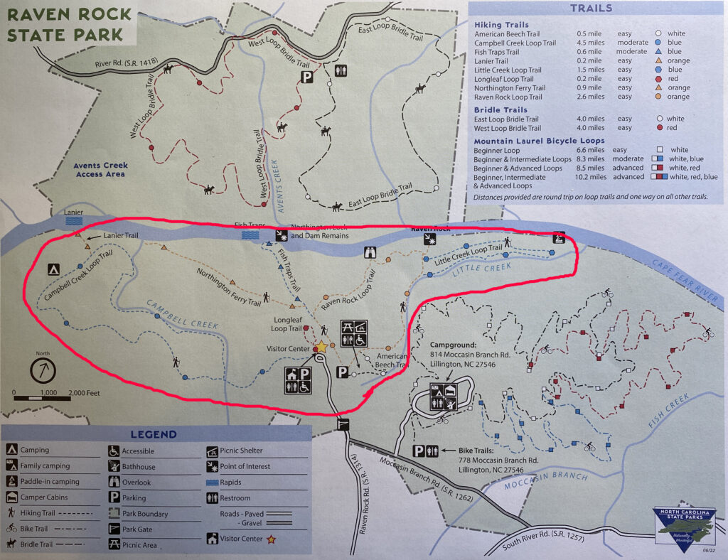 Map with hiking trails highlighted at Raven Rock State Park