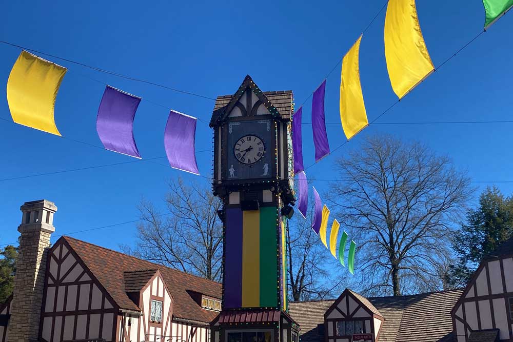 Clock decorated for Mardi Gras at Busch Gardens Williamsburg