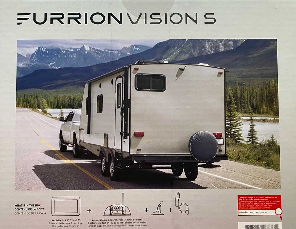 Furrion travel trailer backup camera box showing what is included