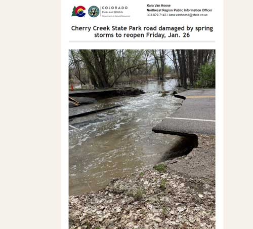 Image of road washed out at Cherry Creek State Park from Colorado State Park Website