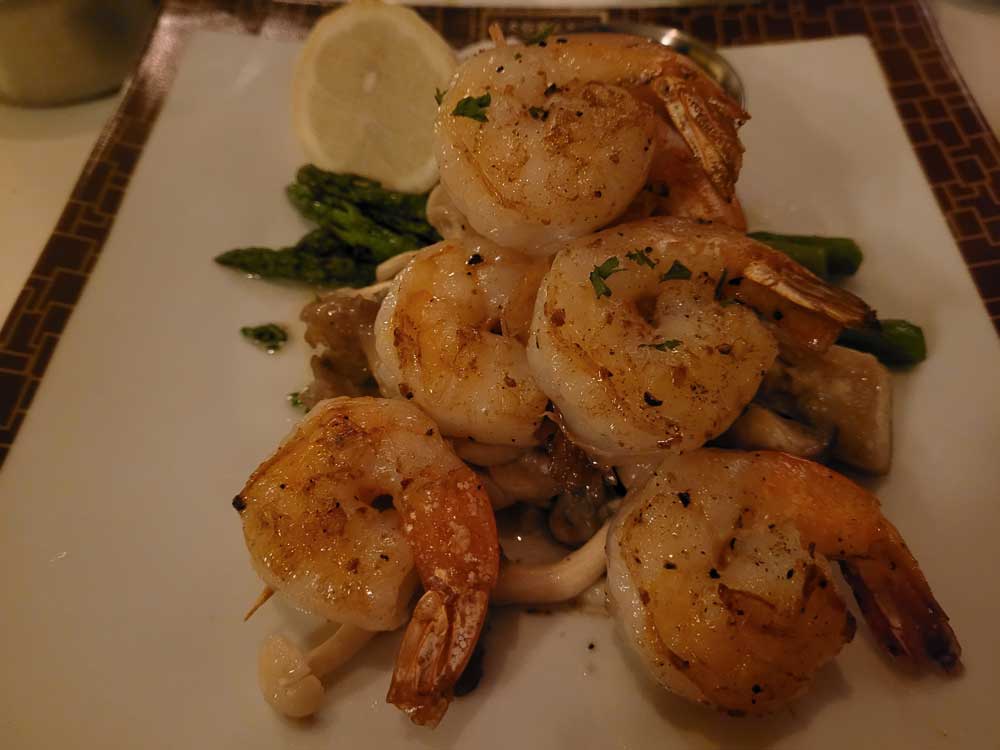 Shrimp dinner at Cagney's Steakhouse on the Pride of America cruise ship