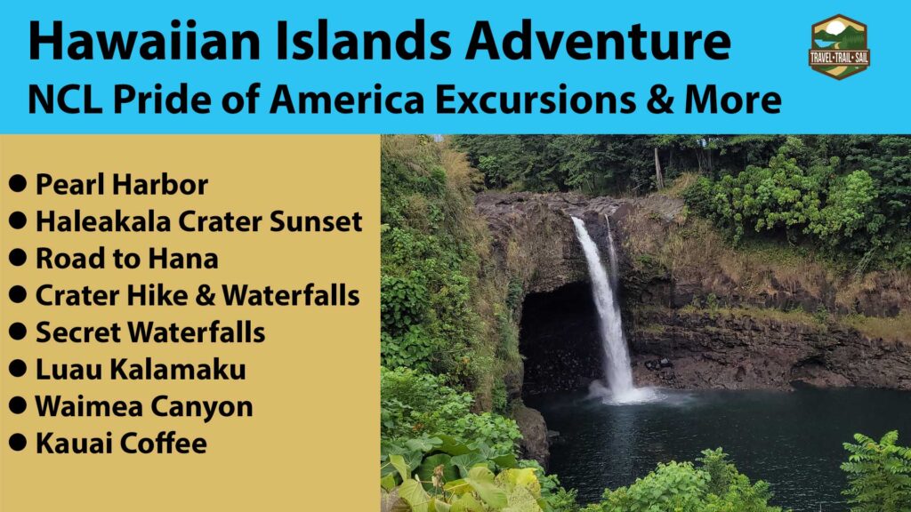 List of NCL Pride of America excursions next to image of Rainbow Falls as YouTube video thumbnail