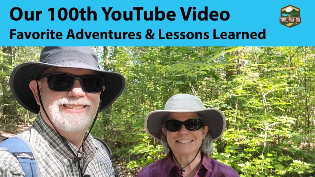 Erling and Judy in the woods sharing their 100th YouTube video.