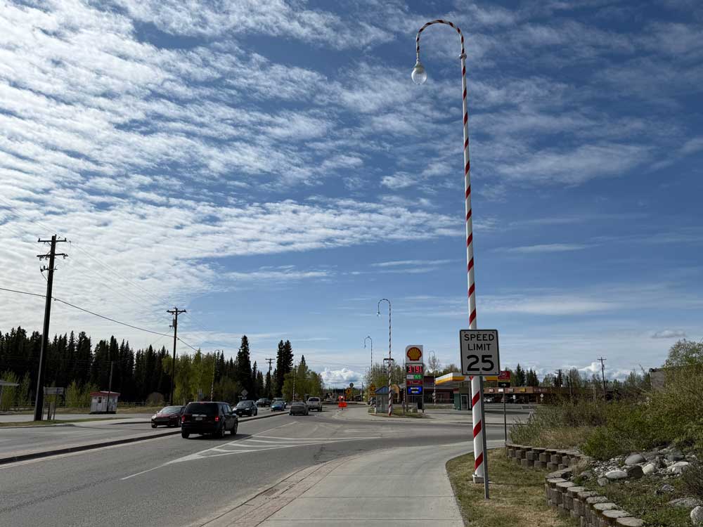 Streetlight decorated like a candy cane in North Pole Alaska