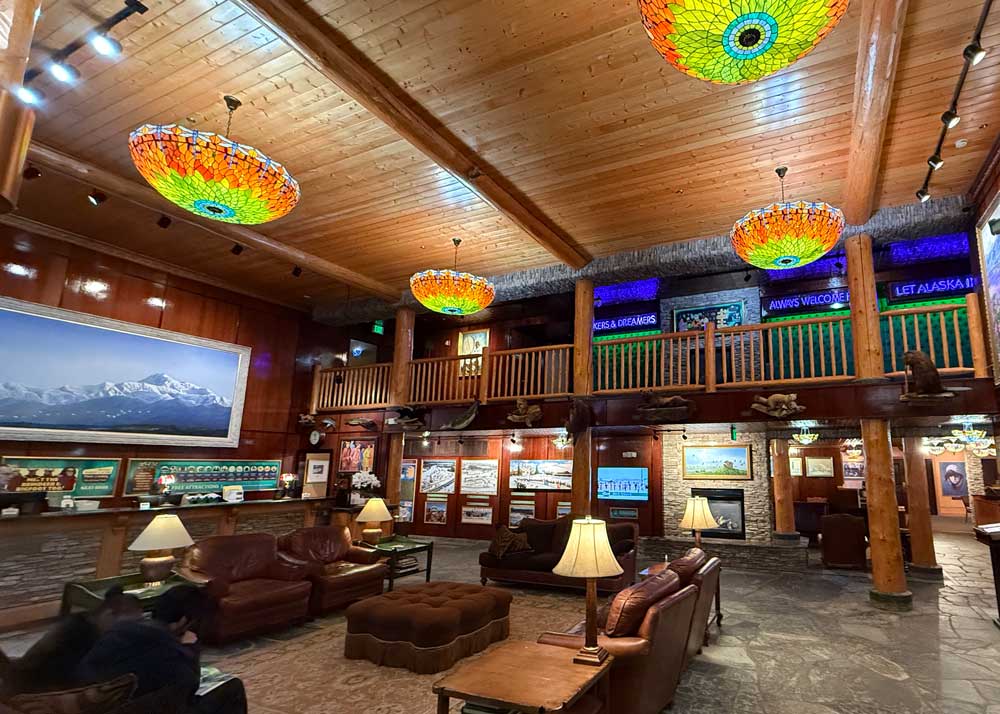 Hotel lobby with colorful ceiling lights at Pike's Waterfront Lodge Fairbanks Alaska