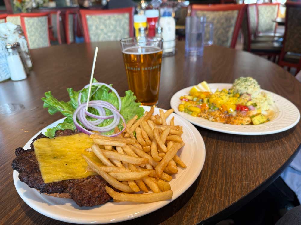 Hamburger and Halibut with mango salsa at Pike's Waterfront Lodge Fairbanks Alaska