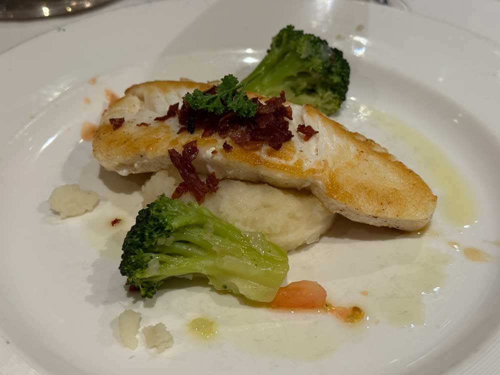 Halibut dinner in main dining room on Sapphire Princess