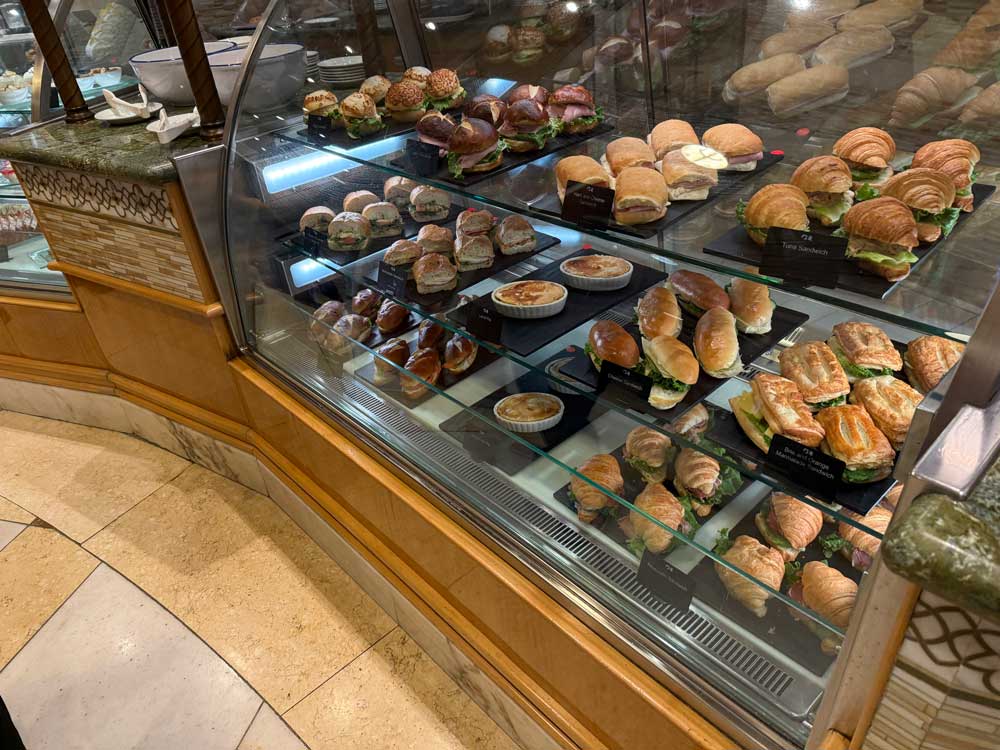 Variety of sandwiches on display at the international cafe on Sapphire Princess