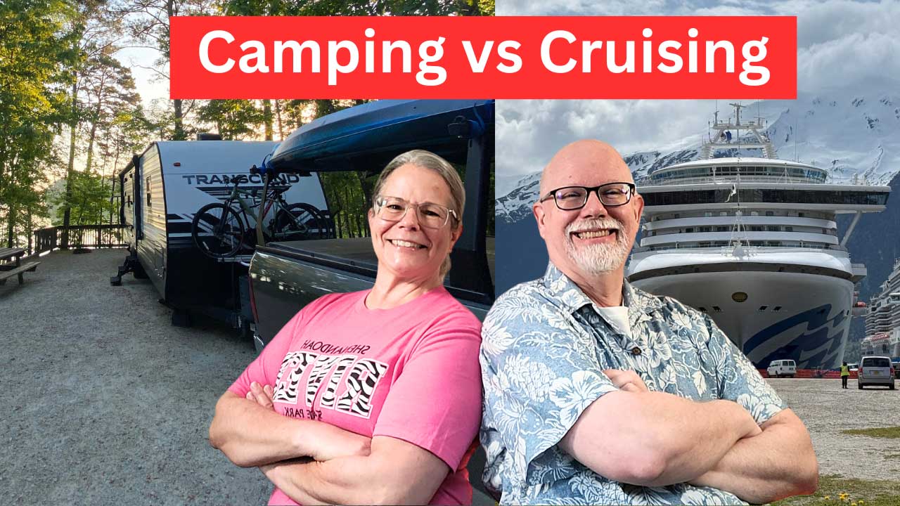 Judy and Erling debate camping vs cruising. Pictured with an RV camper and cruise ship