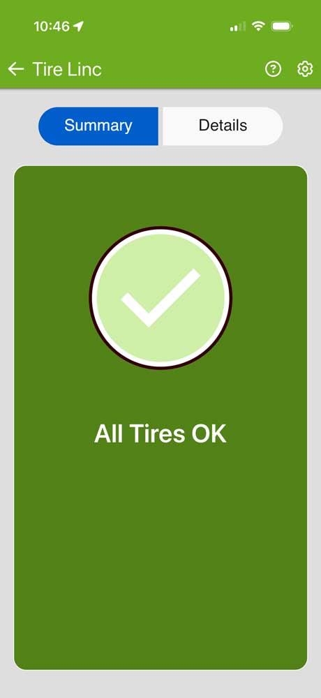 Tire Linc app showing all tires OK