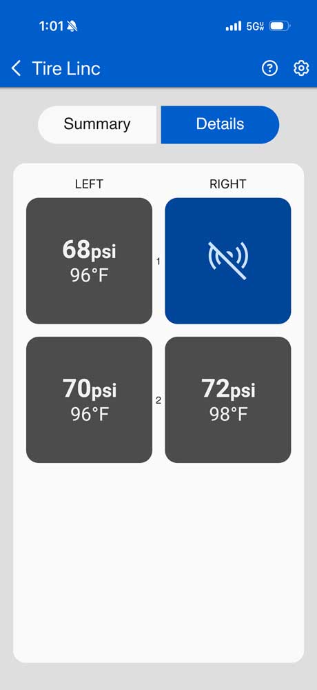 Tire Linc app showing one tire sensor that isn't responding