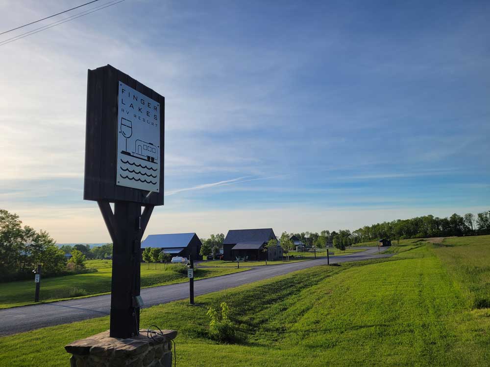 Sign at entrance of Finger Lakes RV Resort in Hector, New York