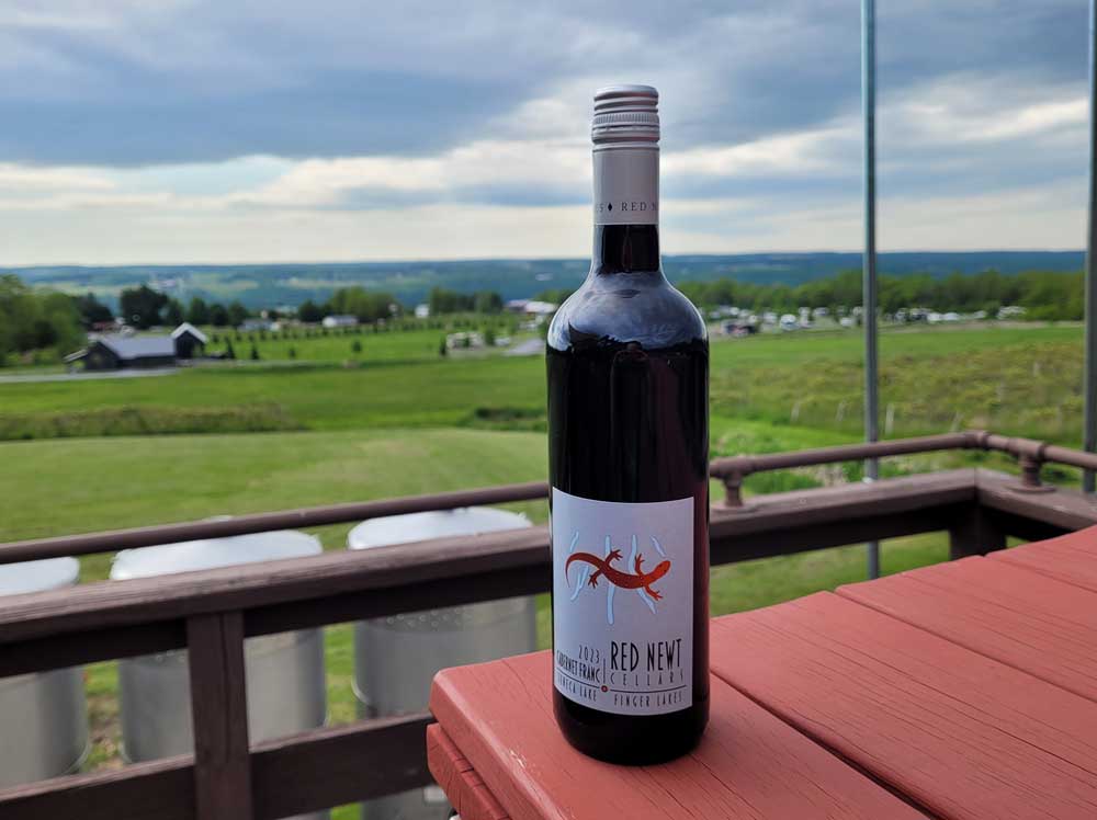 Bottle of Red Newt wine with Finger Lakes RV Resort in distance